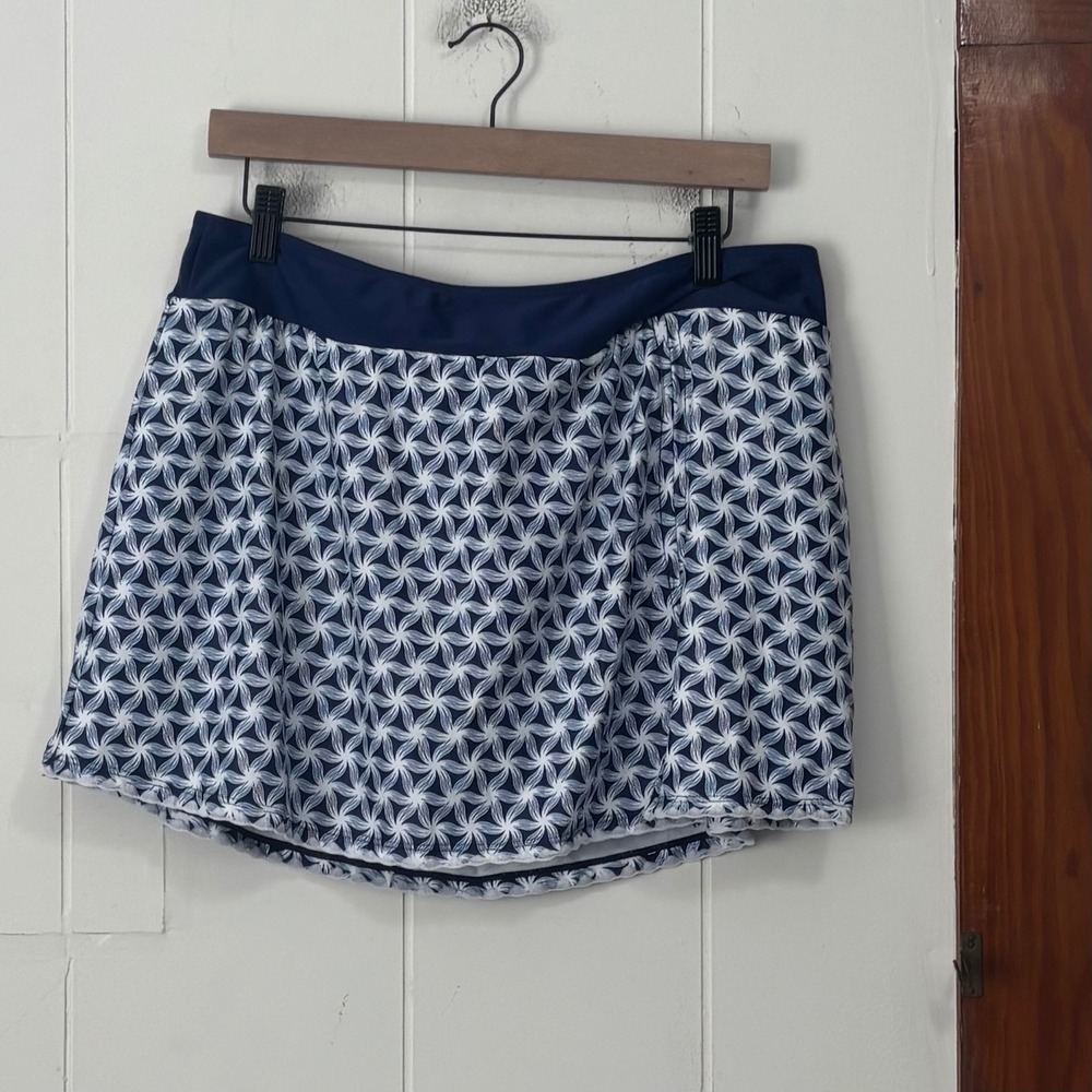 Navy Blue White Geometric Print Swim Skirt with Built-in Bottoms XXL